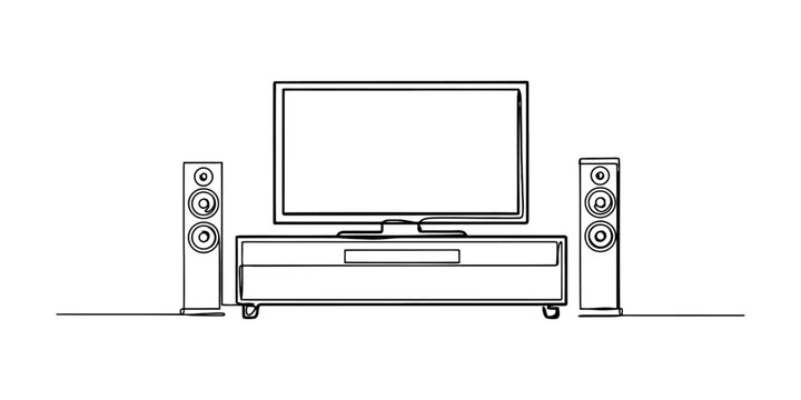 Black line drawing of a television screen with two speakers and a media cabinet for a home cinema entertainment system setup