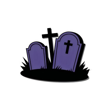 Cartoon purple gravestones with wooden cross in a dark graveyard