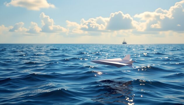 An illustrated boat floating on a vast body of water under a clear sky with some clouds, with an overlay image of the same boat in flight.