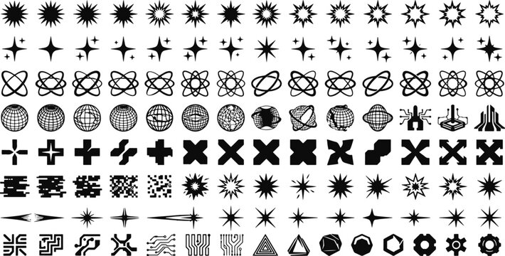 Comprehensive library of graphic symbols featuring stars atomic structures and abstract geometric shapes geometric abstract elements collection decorative ornaments patterns isolated