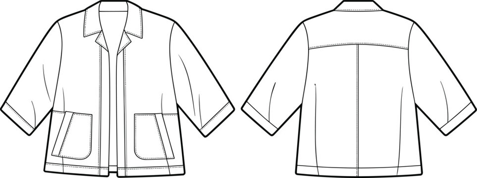 Front and back line drawings of a short-sleeved jacket with patch pockets and a collar outerwear clothing