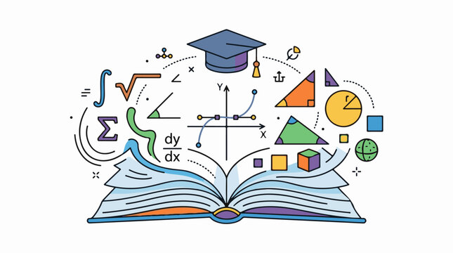 A colorful illustration showing math and science symbols rising from an open book