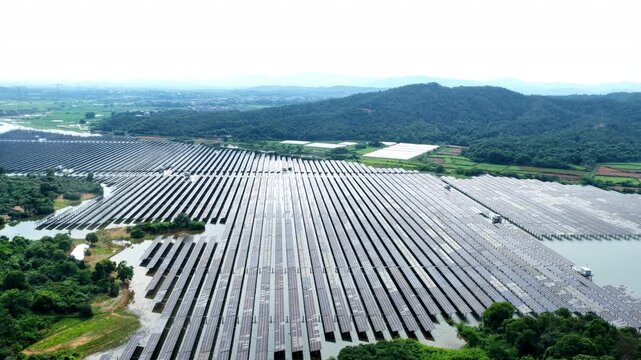Aerial view of fishery-solar complementary photovoltaic power station on water
