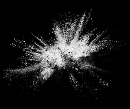 White powder explosion with flying dust particles isolated on a transparent background.