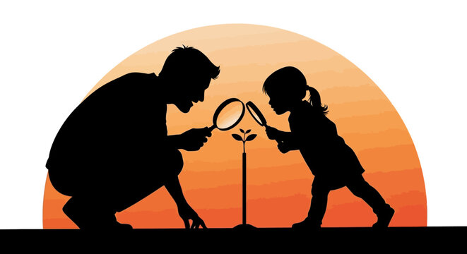 Silhouette of adult and child planting a tree at sunset.