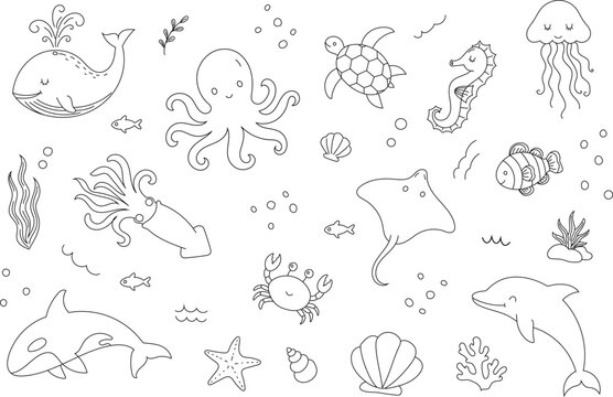 Cute hand drawn sea animals doodle coloring page with whale, octopus, turtle, dolphin, jellyfish, stingray, crab, fish, shells and coral. Black outline isolated on white.