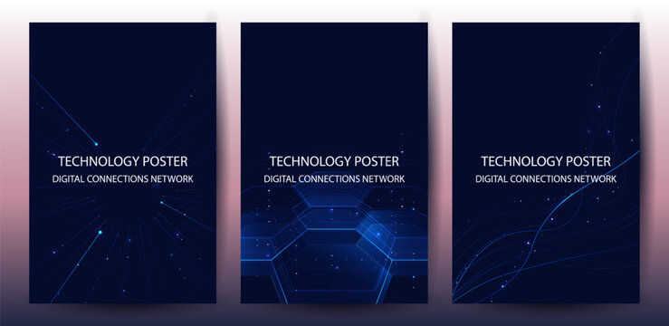 Futuristic digital blue line technology poster set, glowing lines innovation and connection network background for tech event poster or presentation product business