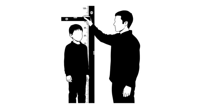 Father and son measuring height with stadiometer.