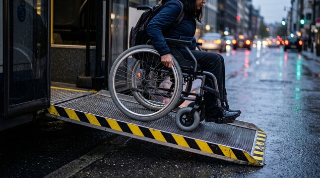 Woman in wheelchair boarding city bus using low-floor ramp. Passenger with disability using public transportation system in urban environment. Accessible city travel and infrastructure.