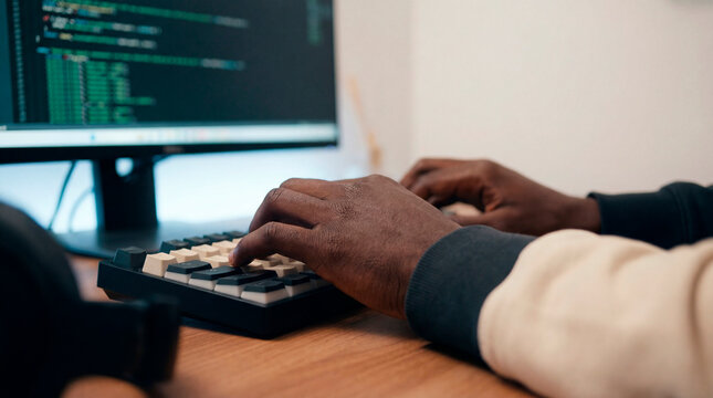Programmer hands typing code on mechanical keyboard at developer workstation desk