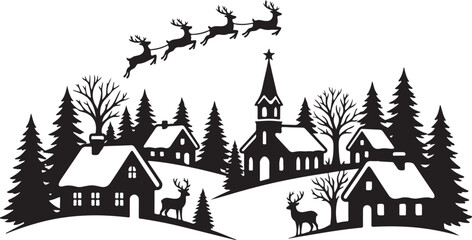 Christmas village silhouette, winter town landscape, Santa reindeer isolated on Transparent Background © Rana