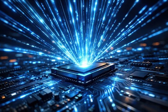 Futuristic microchip with glowing connections.