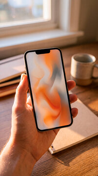 Hand holding smartphone with warm abstract gradient wallpaper near sunlit window desk
