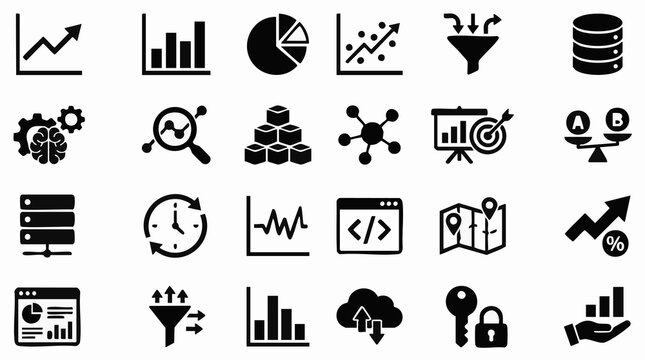 Data analytics, business intelligence, and technology vector icon set