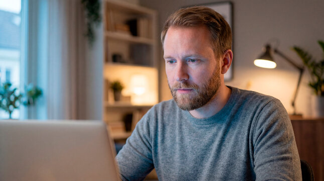Focused bearded man working on laptop computer at home office in evening light
