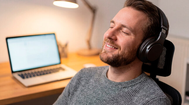 Relaxed man wearing headphones smiling with eyes closed at laptop home workspace
