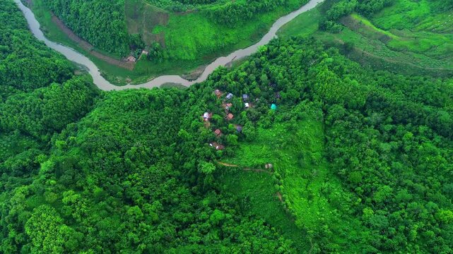 Aerial View of Matamuhuri River Flowing Through Green Hills in Bangladesh