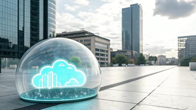 Digital cloud glowing inside glass dome on city street with skyscrapers during day cinematic motion