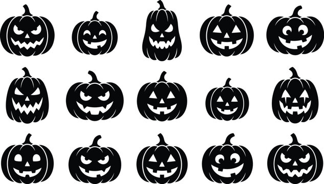 Set of black silhouette halloween pumpkin icons with different scary and funny facial expressions