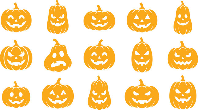 Set of fifteen orange carved pumpkins with different scary and funny faces for halloween party