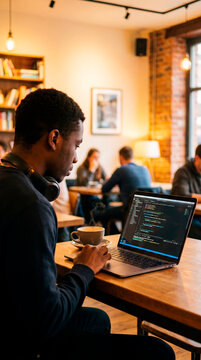 Young man coding on laptop while drinking coffee in cozy cafe workspace