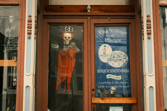 Skeleton clown in a storefront in Phelps, New York