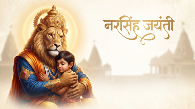 Lord Narasimha Embracing Devotee on Serene Temple Background for Narasimha Jayanti Greeting