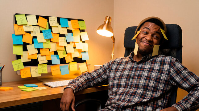 Playful young man covered in sticky note reminders at busy home office desk