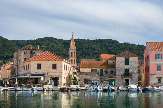 Historic waterfront and church bell tower in Jelsa, Hvar island