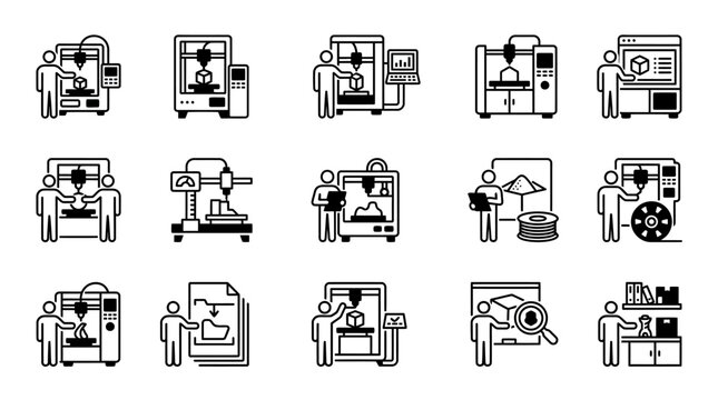 Industrial 3D Printer and Additive Manufacturing Icon Set