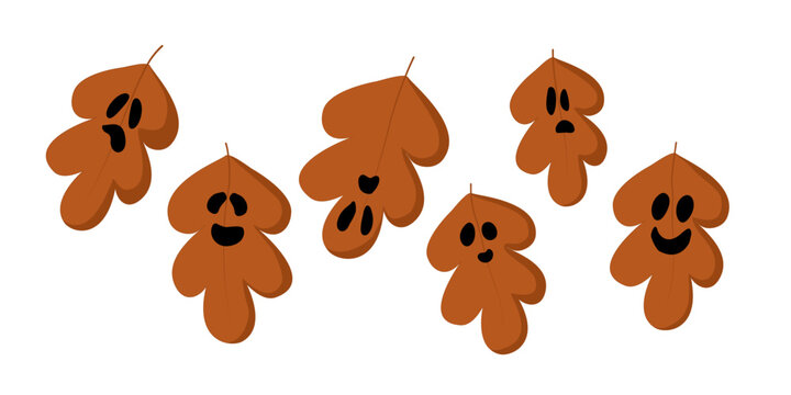 Halloween oak leaves ghosts set with spooky faces isolated on white background vector