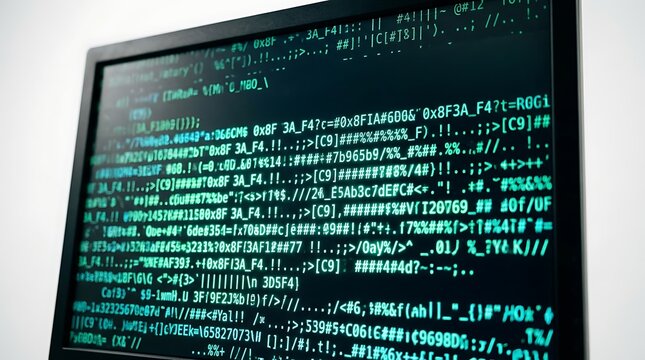 Computer monitor screen displaying complex green digital code and data encryption algorithms in a dark room environment for cyber security