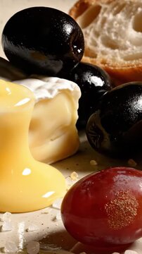 Bastille Day French cheese baguette olive grapes on rustic plate macro, Camembert oozing, fleur de sel sparkle, French picnic gastronomy elemental texture b-roll