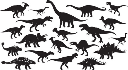 Set of dinosaur and wild animal silhouettes vector illustration collection, black outline icons of wildlife mammals and animals including lion, tiger, wolf, elephant, deer, horse, cat, dog, bear © BipashaSketches 