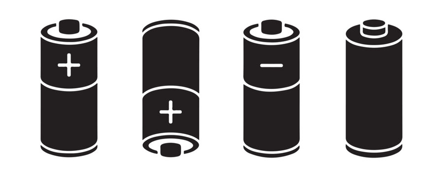 Battery icon set. aa, aaa, d, c, 9v battery isolated on white background. different sizes.