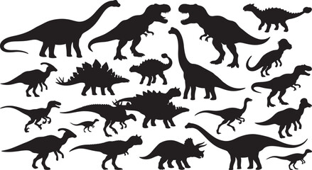 Set of dinosaur silhouettes vector illustration isolated on white background, wildlife animal icon collection, wild animals, jurassic prehistoric black silhouette set © BipashaSketches 