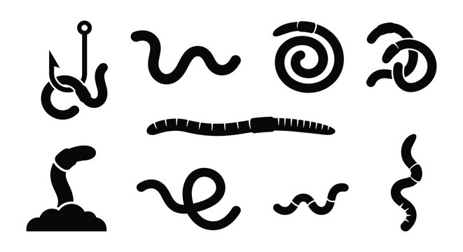 Worm And Hook Collection Black Silhouette earthworm