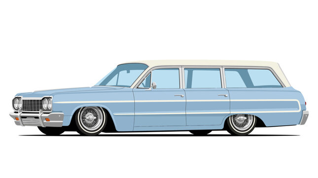 Retro Light Blue Lowrider Station Wagon Vector Illustration of a Classic American Custom Car