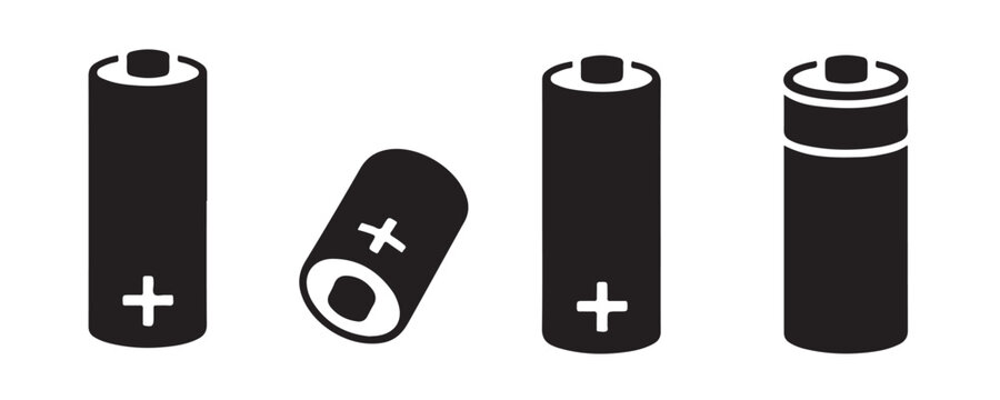 Set of isolated cylindrical alkaline batteries featuring positive terminal and energy cell shapes.