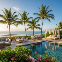 Fototapeta premium Luxury tropical resort scene with pool ocean palm trees and lounge chairs