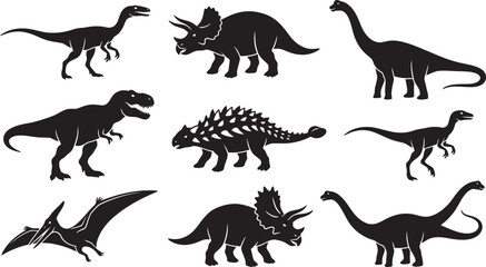 Dinosaurs and wild animals silhouette vector set illustration, dinosaur icons wildlife animal set, outline black silhouette pack, dino lion tiger silhouette pack © BipashaSketches 