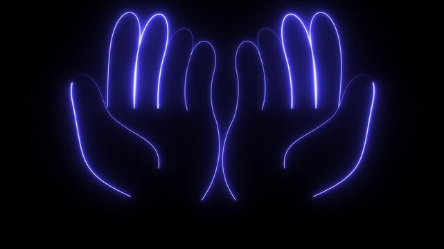 A digital graphic representing glowing neon hands in a prayer or dua position against a black background.