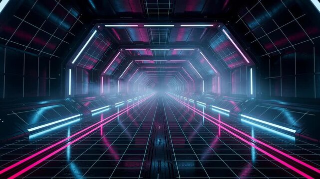 Futuristic neon lit corridor with glowing blue and pink lights and reflective tiled floor in sci fi tunnel