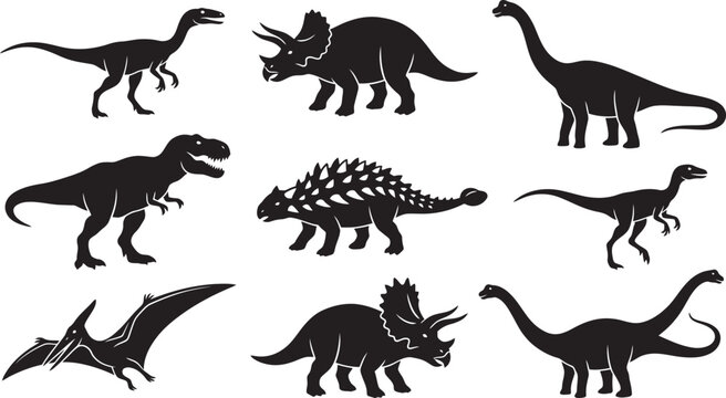 Dinosaurs and wild animals silhouette vector set illustration, dinosaur icons wildlife animal set, outline black silhouette pack, dino lion tiger silhouette pack