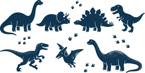 Seamless Dinosaur Silhouette Pattern Vector Set with Black Jurassic Dino Animal Icons Collection Isolated on White Background © BipashaSketches 