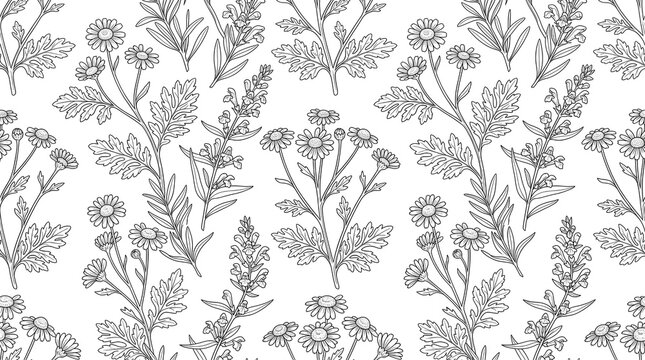 Seamless Monoline Feverfew Skullcap Calming Herb Pattern Black Outline White Background