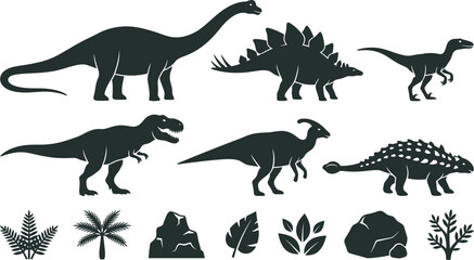Set of Dinosaur Silhouettes Vector Collection with Black Prehistoric Animal Icons Isolated on White Illustration for Wildlife and Nature Design © BipashaSketches 