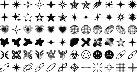 Black and white graphic design elements set featuring stars hearts and retro symbols aesthetic minimalist abstract creative illustration template geometric ornament decoration © tecna