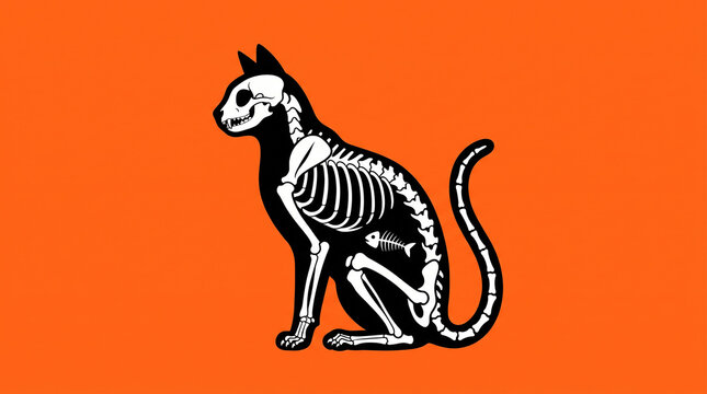 Stylized Black Cat Skeleton Illustration with Fish Bone on Orange Background