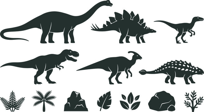 Set of Dinosaur Silhouettes Vector Collection with Black Prehistoric Animal Icons Isolated on White Illustration for Wildlife and Nature Design